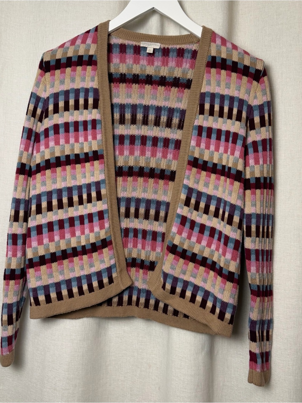 Talbots Multicolor Striped Open Cardigan with Beige Trim
